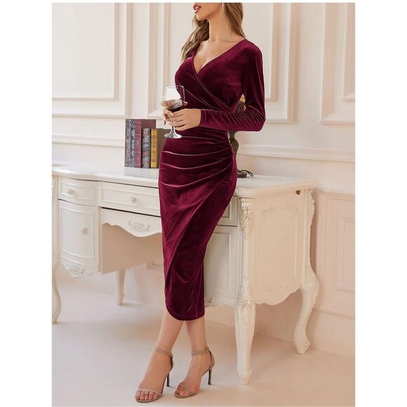NEW Elegant Velvet Long Sleeve Wrap V Neck Ruched Bodycon Dress L - Picture 4 of 5